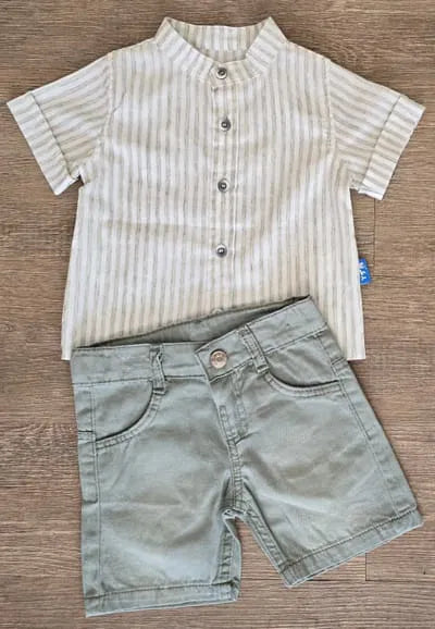 Ensemble bébé garçon vert chemisette rayée et bermuda 100 % coton