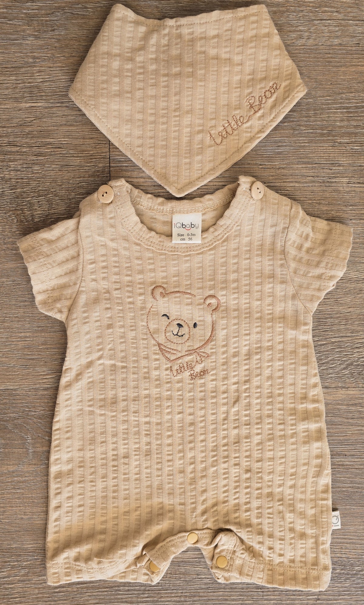 Ensemble bébé gris body manches courtes et bandana ourson