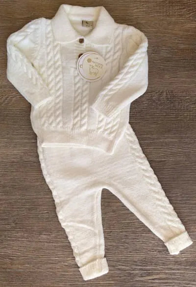 Ensemble bébé en laine de mouton écru et bleu, vue 3