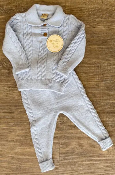 Ensemble bébé en laine de mouton écru et bleu, vue 5