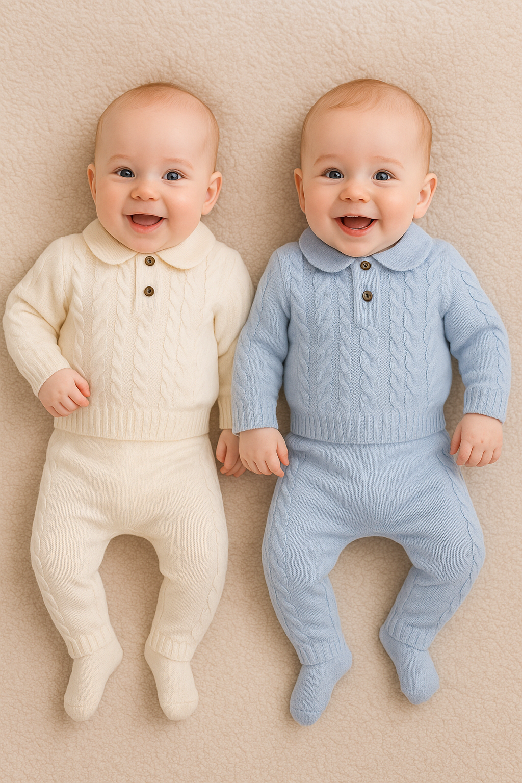 Ensemble bébé en laine de mouton écru et bleu