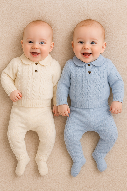 Ensemble bébé en laine de mouton écru et bleu