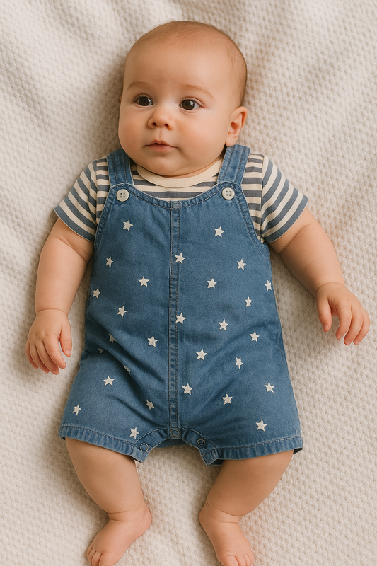 Ensemble bébé mixte salopette bleue et tee-shirt rayé 100 % coton 6 à 12 mois