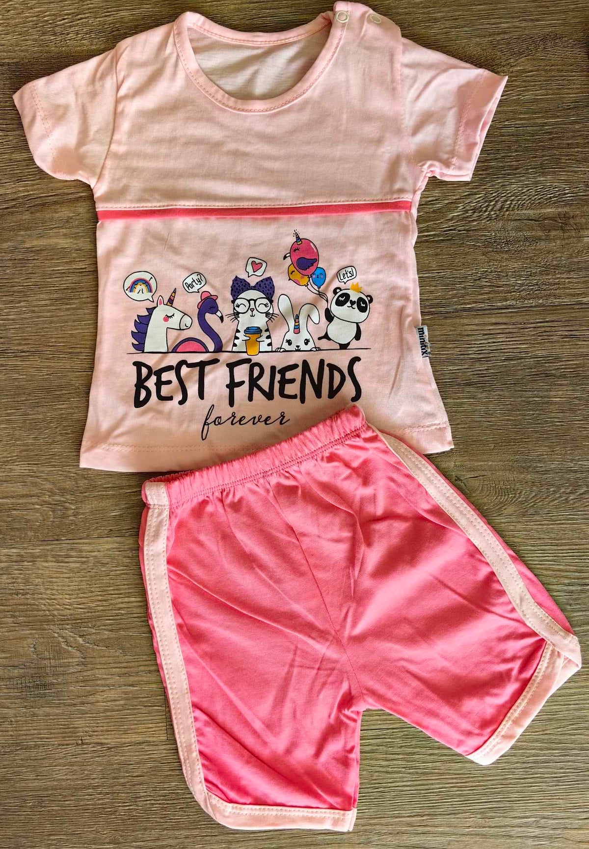 Ensemble été bébé fille 100 % coton imprimé personnages et short rose