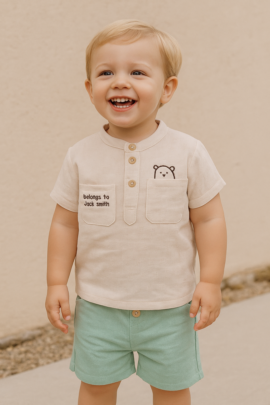 Ensemble garçon chemisette beige et short vert coton-lin