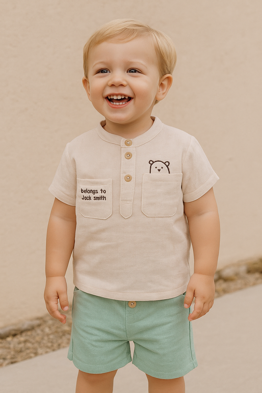 Ensemble garçon chemisette beige et short vert coton-lin