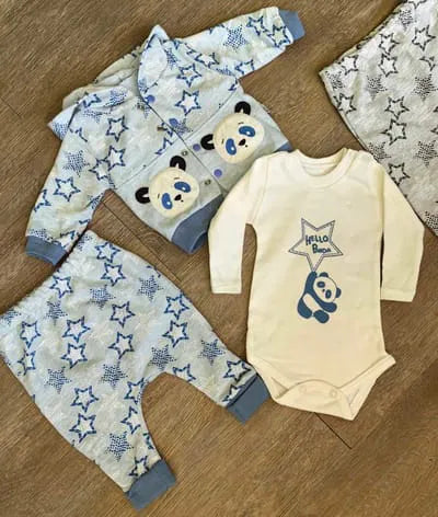 Ensemble panda bébé garçon gris 3 pièces 100 % coton All for Kids