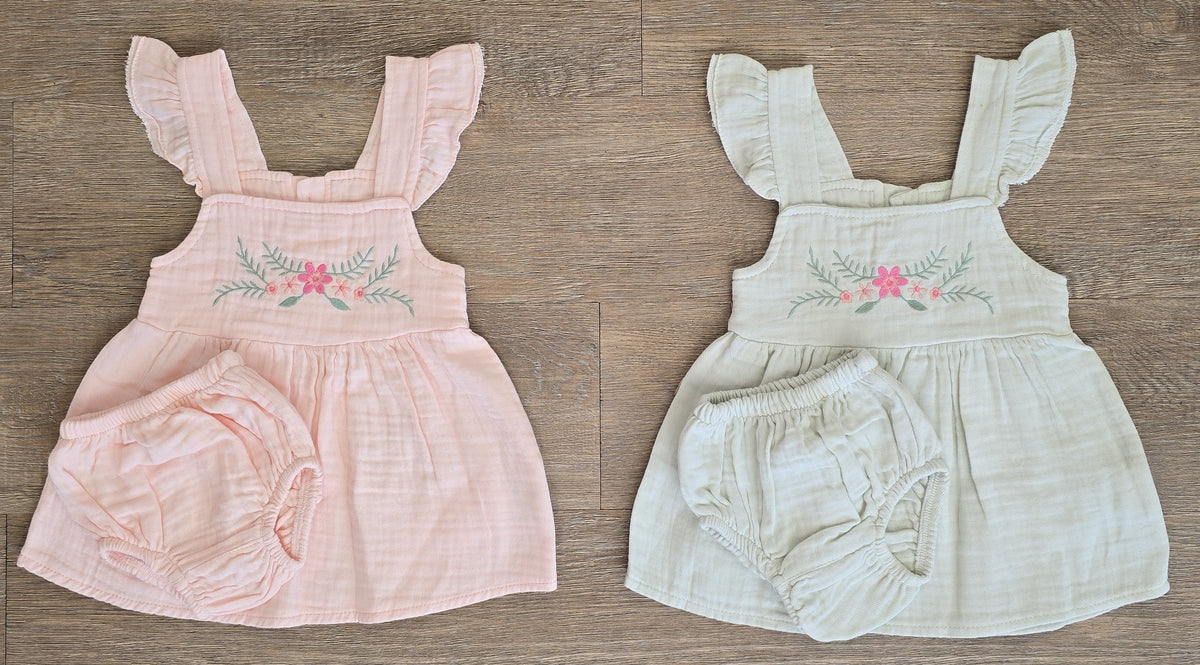 Ensemble robe bloomer bébé fille gaze de coton rose