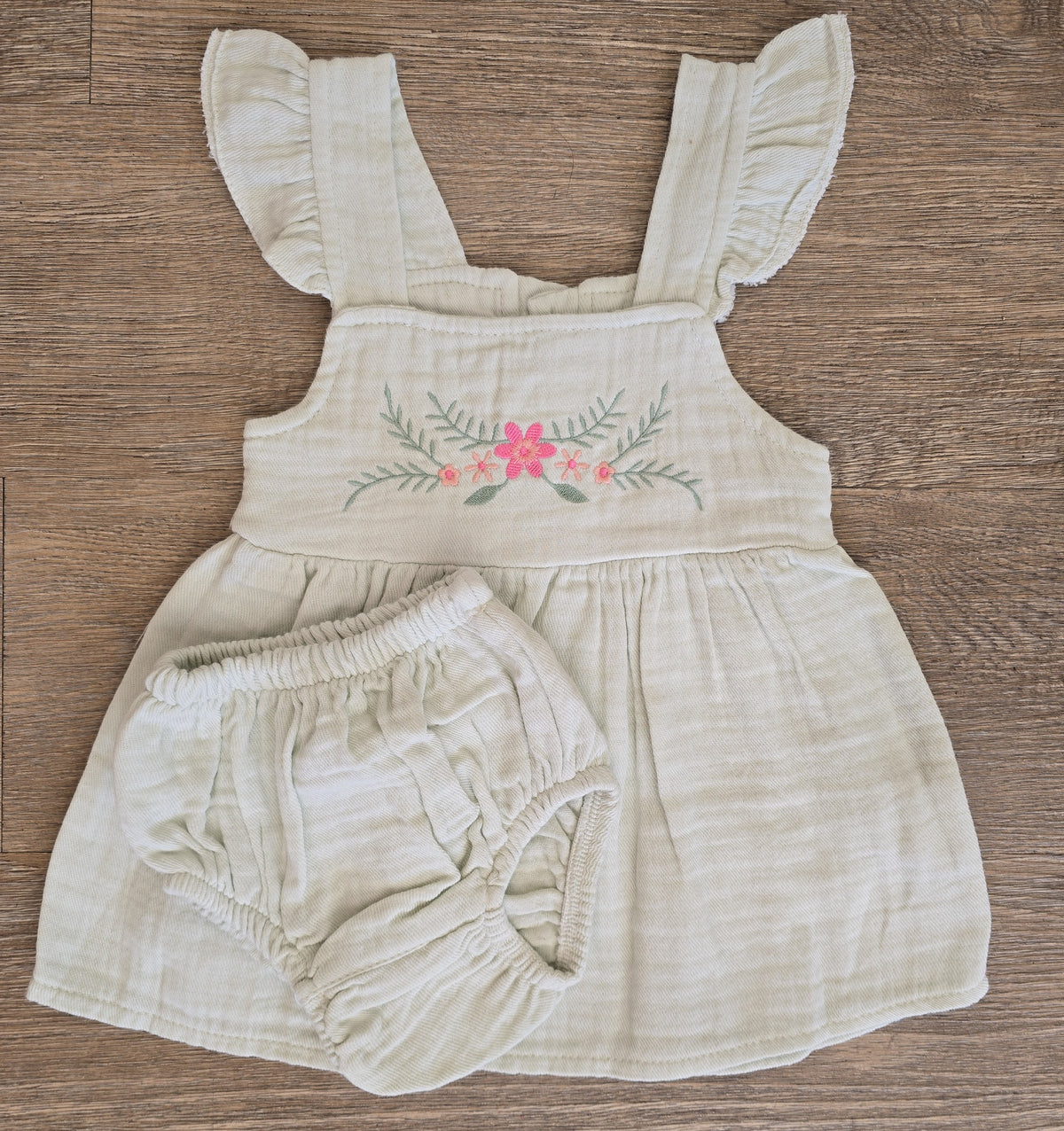 Ensemble robe bloomer bébé fille gaze de coton vert