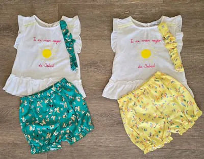 Ensemble été fille dernière taille 3 ans Tee-shirt, short fleuri volanté avec bandeau ref 9876 ALL FOR KIDS