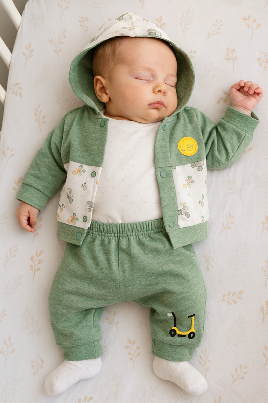 Ensemble bébé garçon 3 pièces coton vert capuche trottinette taille de 0 à 6 mois ref 2177 ALL FOR KIDS