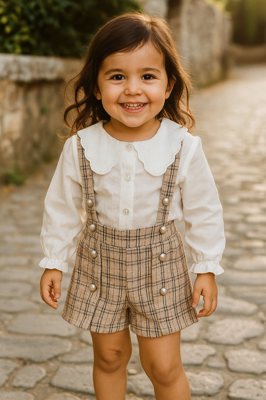 Ensemble fille chemise brodée + short à bretelles dernière taille 3 ans ref 1876 ALL FOR KIDS