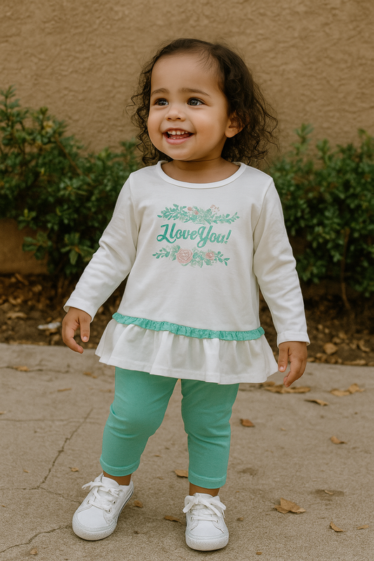 Ensemble fille I Love You : tunique + legging vert taille de 2 à 5 ans ref 0077 ALL FOR KIDS