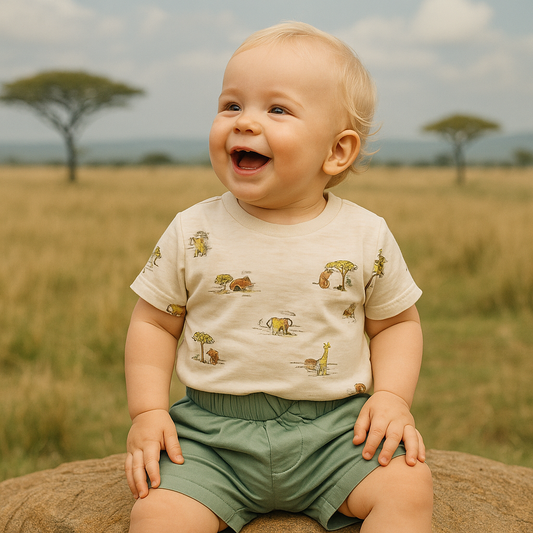 Ensemble savane dernière taille 12 mois coton imprimé animaux & short vert ref 11474 ALL FOR KIDS