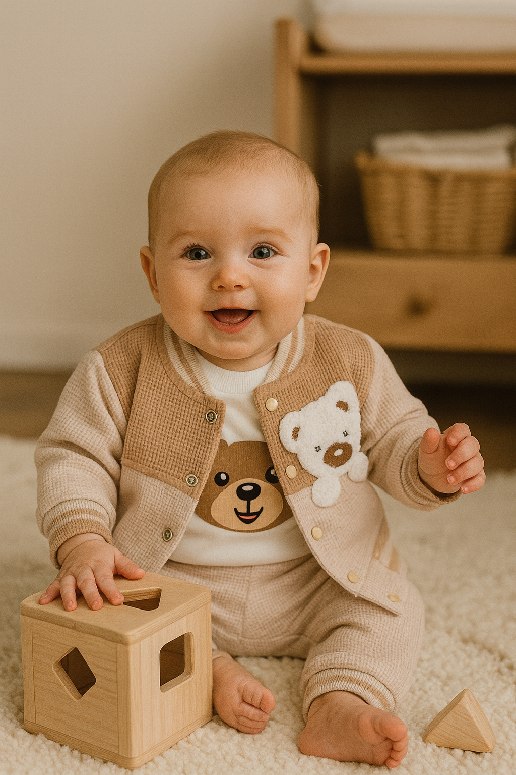 Ensemble bébé ours 3 pièces beige 100 % coton tailles 0, 3 et 6 mois All for Kids