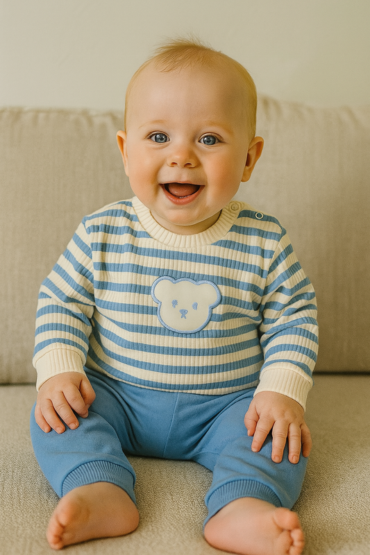 Ensemble bébé bleu rayé ourson 100% coton taille de  0 à 9 mois ref 1332 ALL FOR KIDS