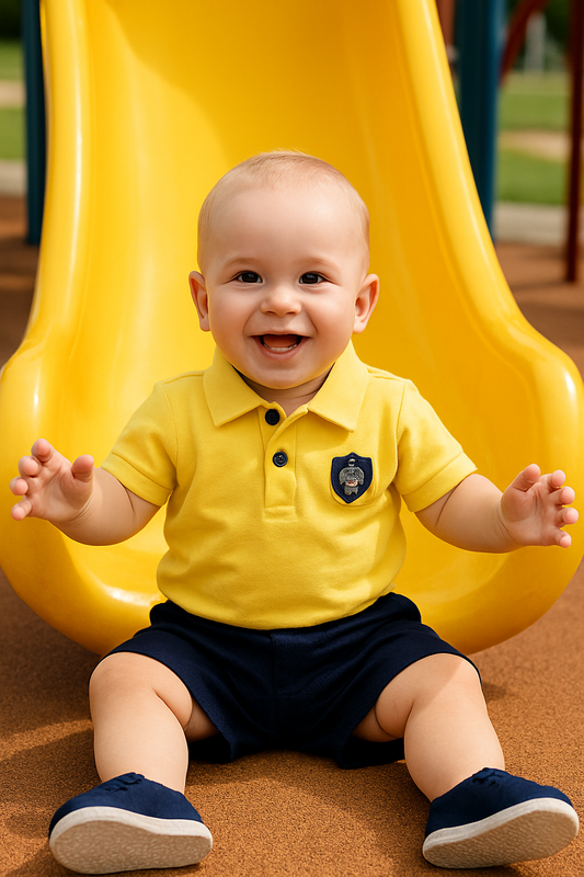 Ensemble polo bébé jaune, short marine dernière taille 12 mois 100% coton ref 3449 ALL FOR KIDS
