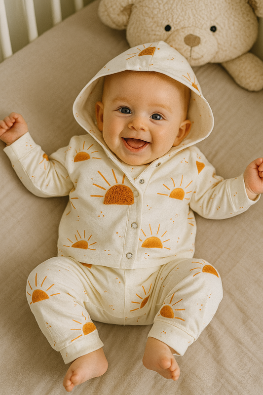 Ensemble 3 pièces bébé motif soleil dernière taille 6 mois 100% coton ref 526 ALL FOR KIDS