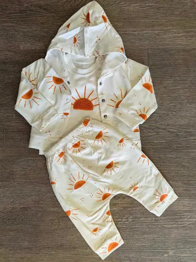 Ensemble 3 pièces bébé motif soleil dernière taille 6 mois 100% coton ref 526 ALL FOR KIDS