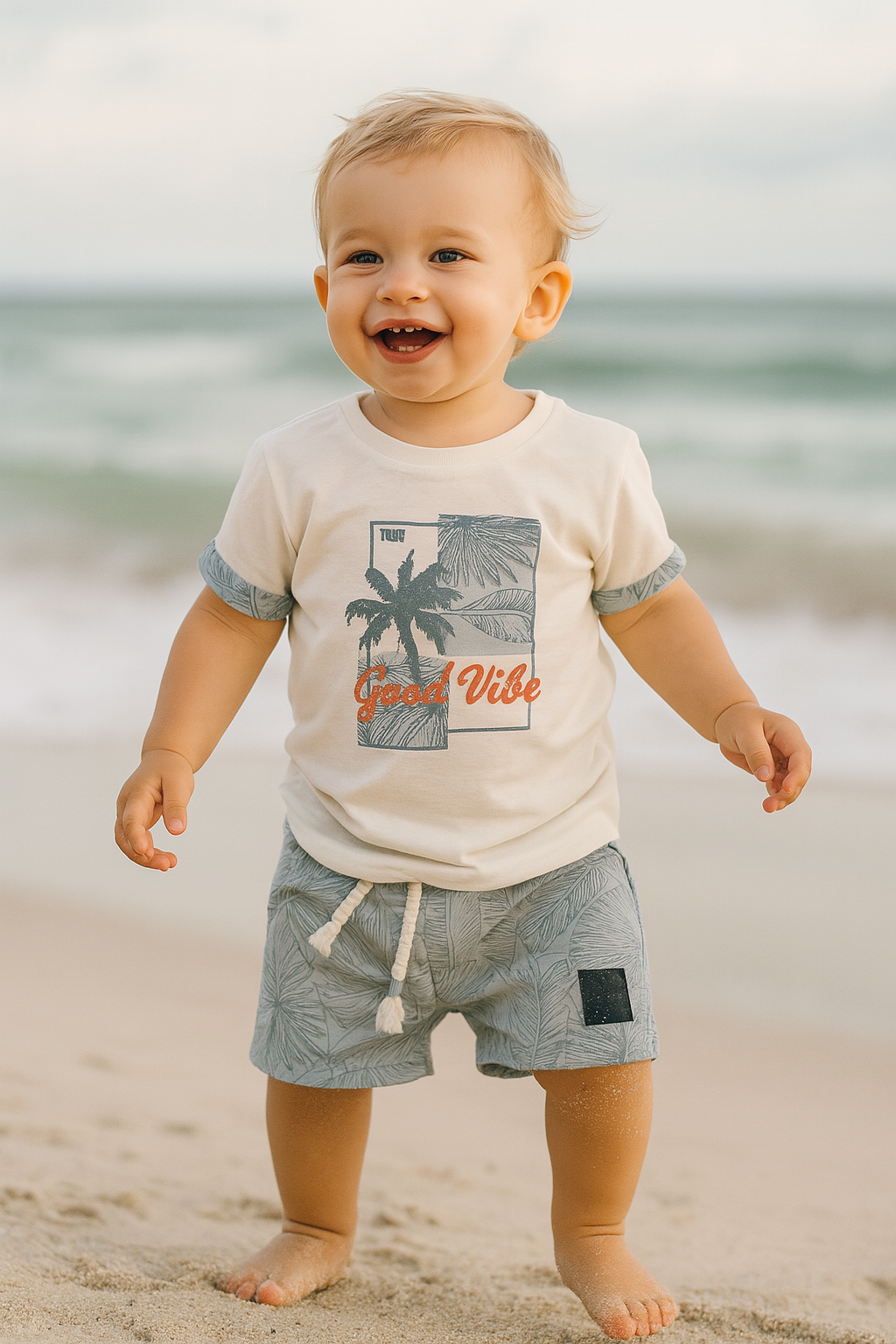 Ensemble bébé "Good Vibe" bleu palmier dernière taille 18 mois ref 8598 ALL FOR KIDS