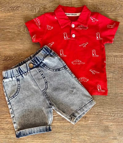 Ensemble bébé polo dino & short 100% coton dernière taille 9 mois ref 5408 ALL FOR KIDS