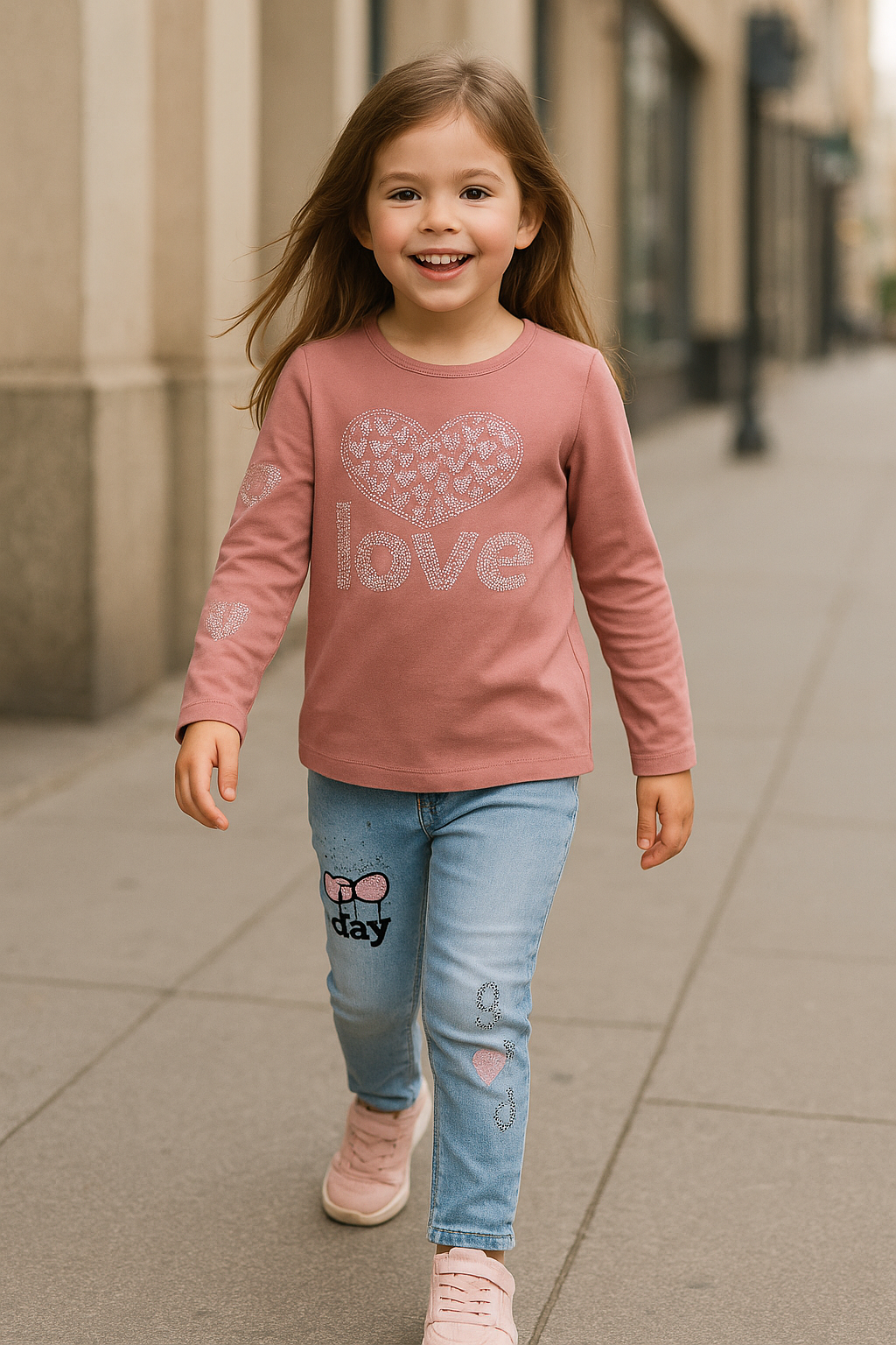 Ensemble fille haut rose Love + jean décoré 100% coton dernière taille 5 ans ref 9541 ALL FOR KIDS
