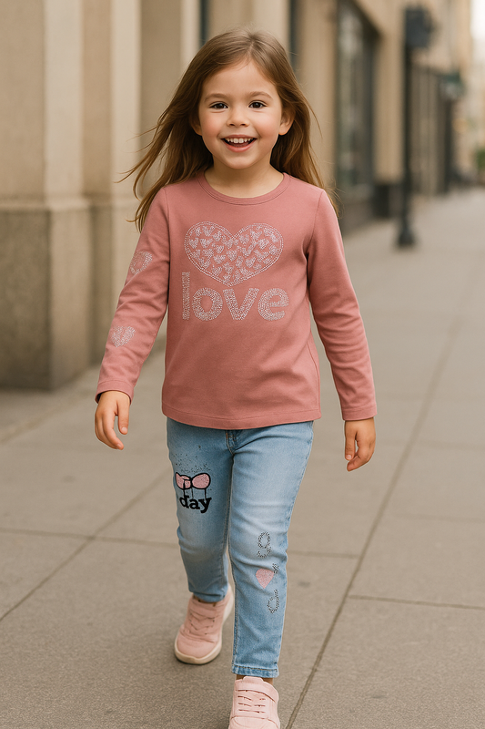 Ensemble fille haut rose Love + jean décoré 100% coton dernière taille 5 ans ref 9541 ALL FOR KIDS