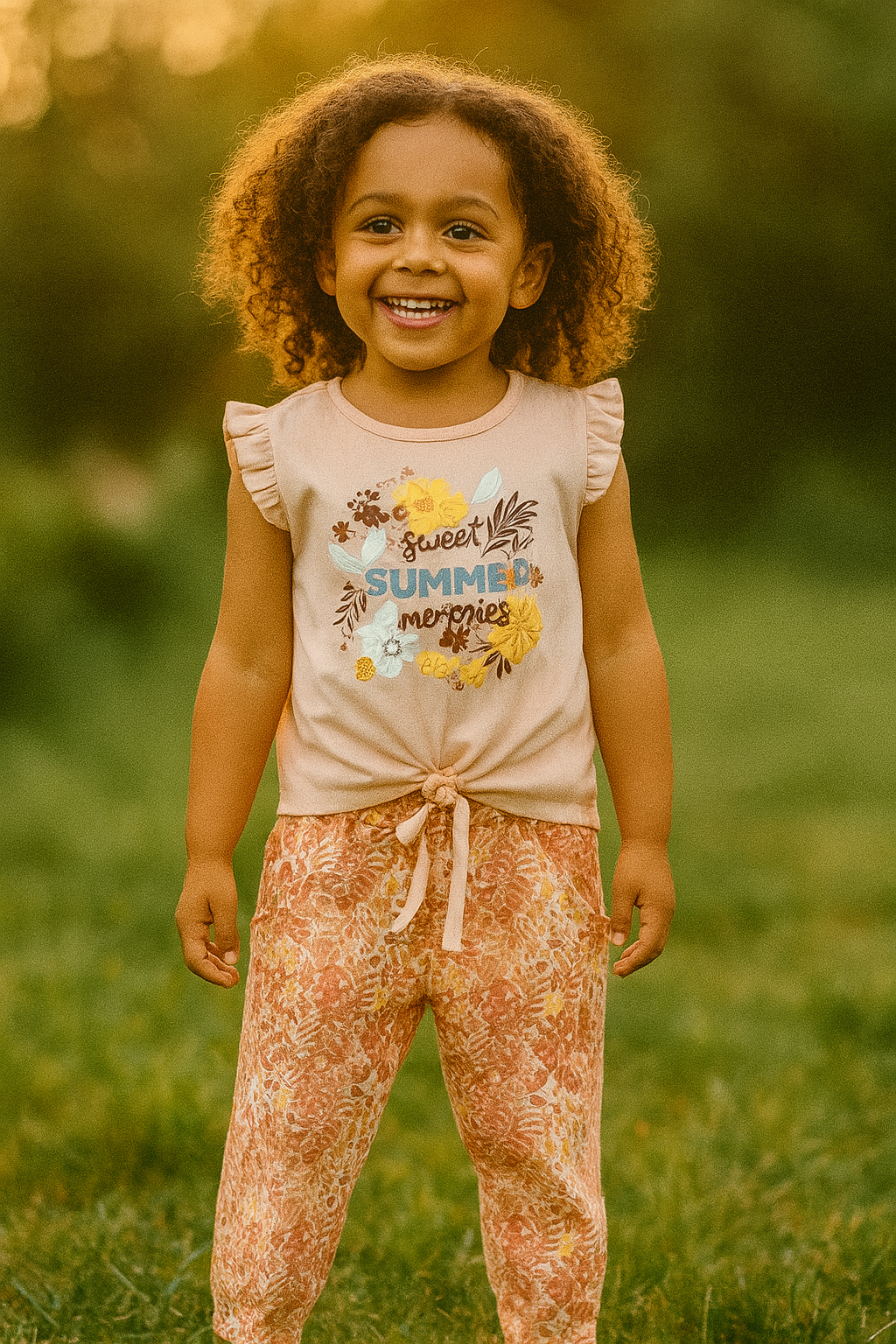 Ensemble fille été 100% coton tee-shirt noué et pantalon fluide fleuri ref 17257 ALL FOR KIDS