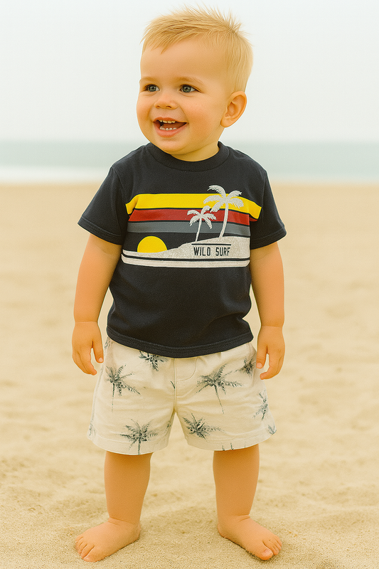 Ensemble bébé Wild Surf, short palmier coton taille de 6 à 18 mois ref 16902 ALL FOR KIDS