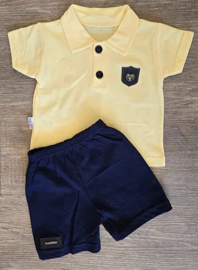 Ensemble polo bébé jaune, short marine dernière taille 12 mois 100% coton ref 3449 ALL FOR KIDS