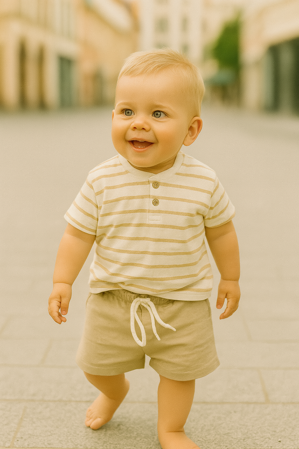 Ensemble bébé garçon beige coton Tee-shirt rayé & short 9 mois ref 1046 ALL FOR KIDS