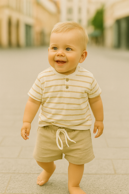 Ensemble bébé garçon beige coton Tee-shirt rayé & short 9 mois ref 1046 ALL FOR KIDS