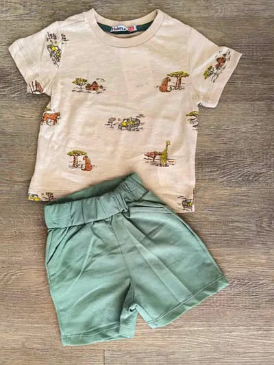 Ensemble savane dernière taille 12 mois coton imprimé animaux & short vert ref 11474 ALL FOR KIDS