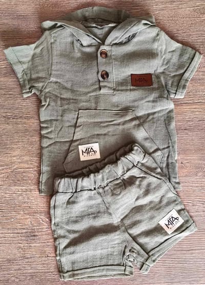 Ensemble bébé gaze coton à capuche dernière taille 12 mois vert ou marron ref 2368 ALL FOR KIDS
