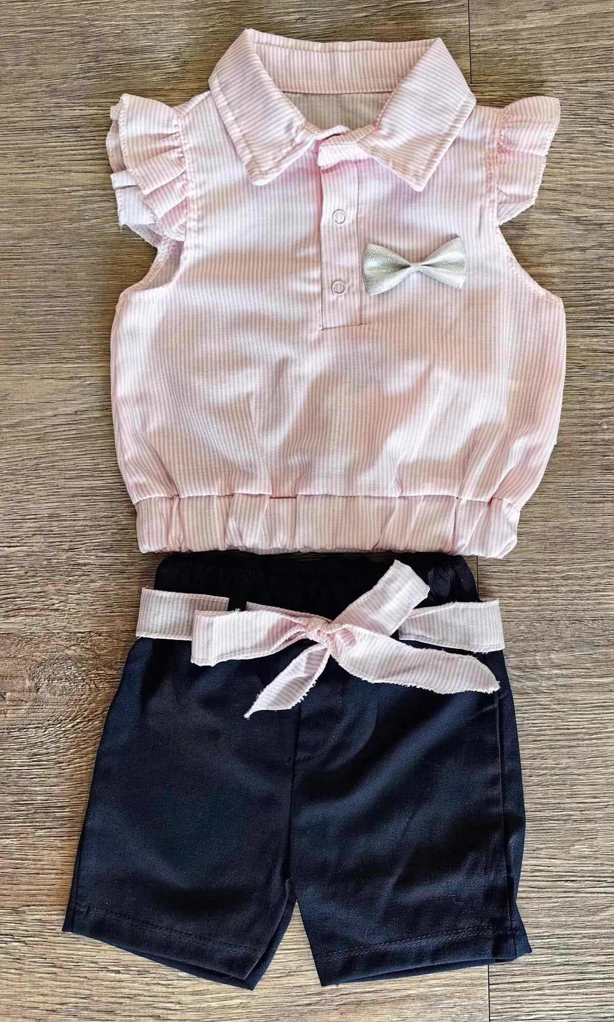 Haut bébé fille à rayures roses avec nœud blanc et short noir assorti