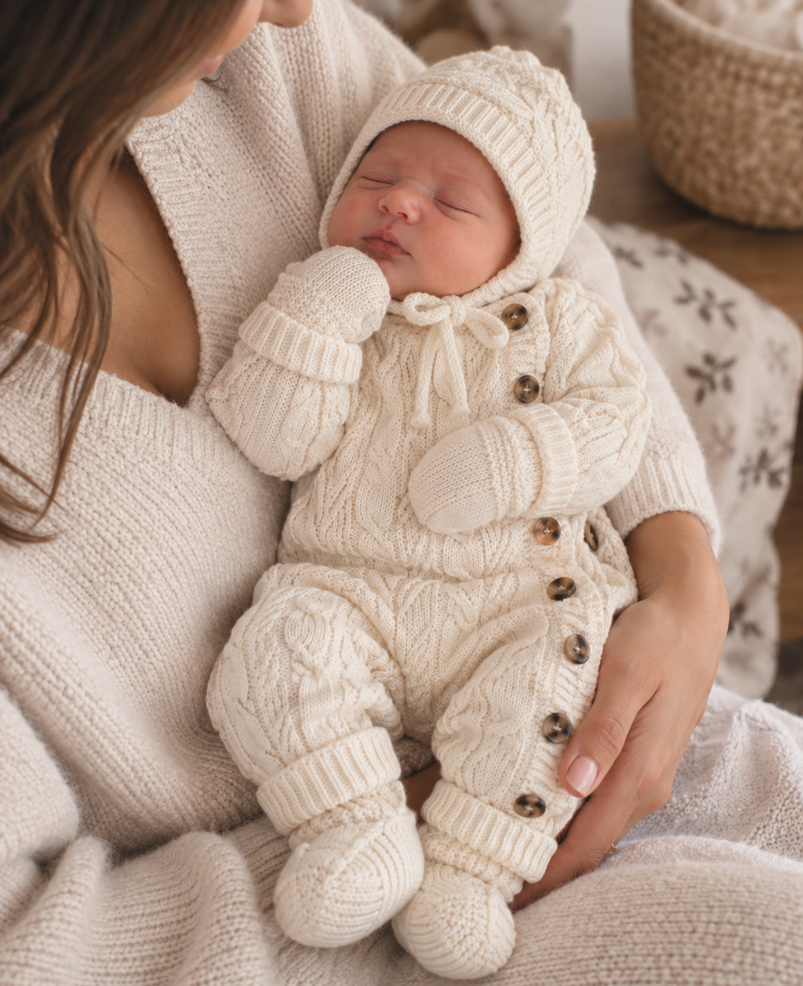 Bébé portant le kit 4 pièces avec combinaison, bonnet, gants et chaussettes