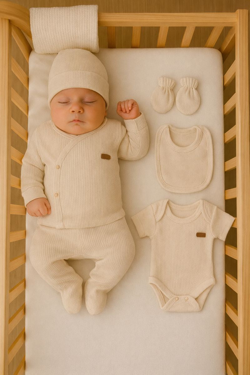 Kit naissance unisexe beige 7 pièces 100 % coton