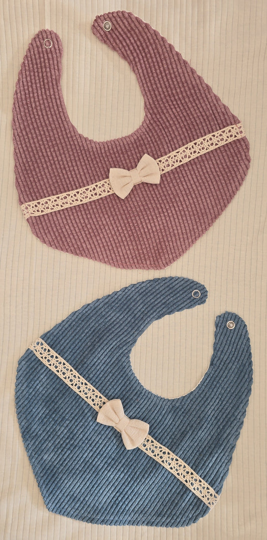 Lot de 2 bavoirs bébé en coton côtelé bleu et rose avec nœud