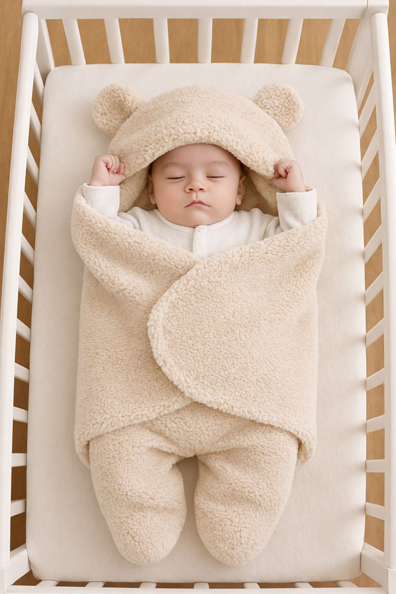 Nid d’ange bébé ourson en sherpa beige taille 3 à 6 mois