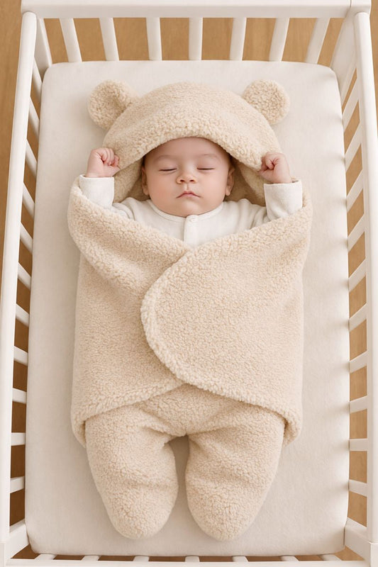 Nid d’ange bébé ourson en sherpa beige taille 3 à 6 mois