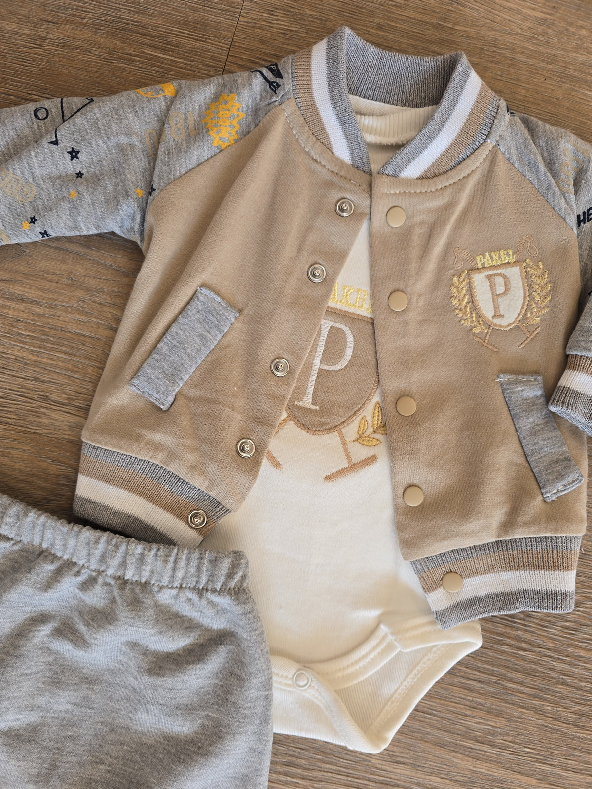 Pantalon gris ensemble teddy bébé garçon 3 pièces coton All for Kids