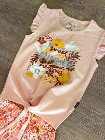 Ensemble fille été 100% coton tee-shirt noué et pantalon fluide fleuri ref 17257 ALL FOR KIDS