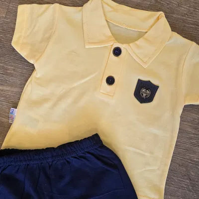 Ensemble polo bébé jaune, short marine dernière taille 12 mois 100% coton ref 3449 ALL FOR KIDS