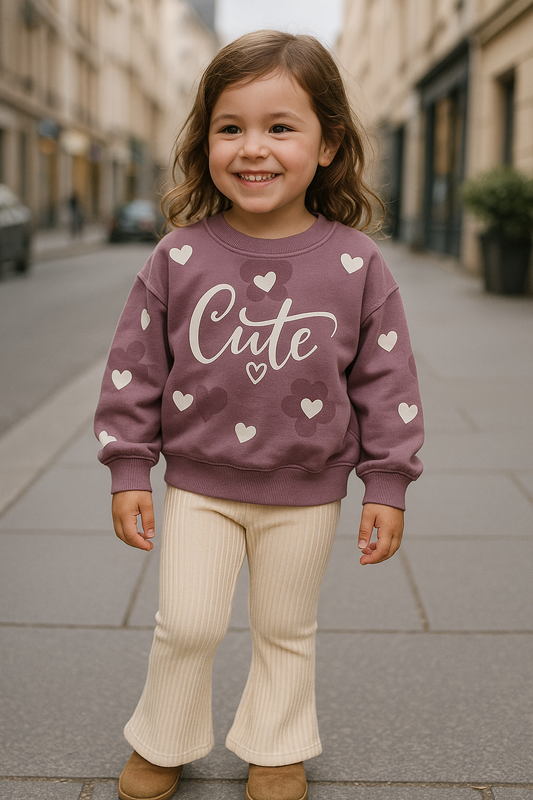 Ensemble fille 100% coton « Cute » – Sweat violet & pantalon évasé crème ref 5421 ALL FOR KIDS