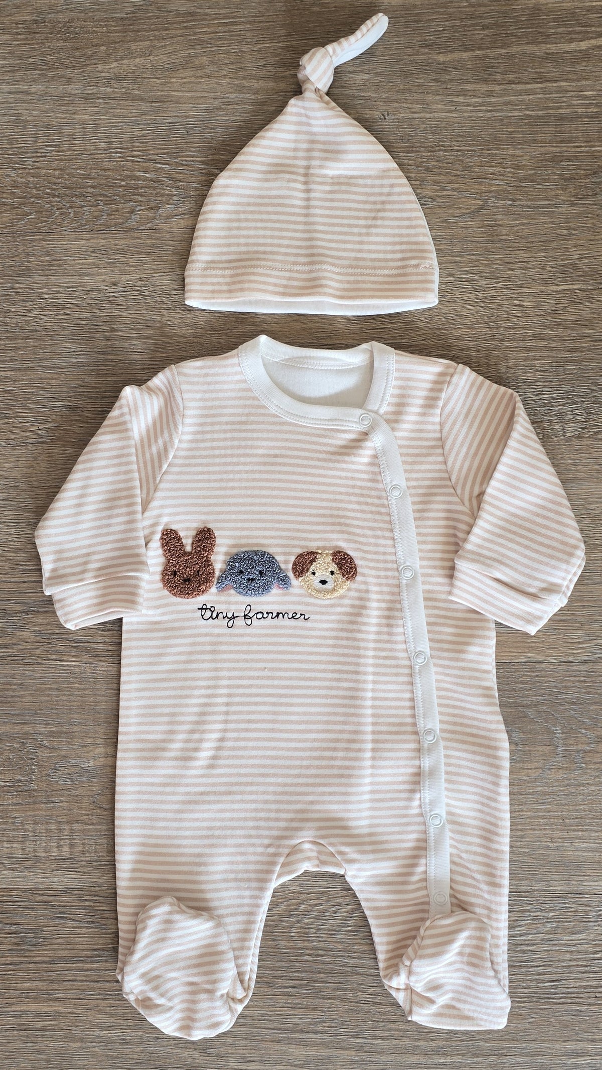 Pyjama bébé rayé beige avec bonnet, vue 2