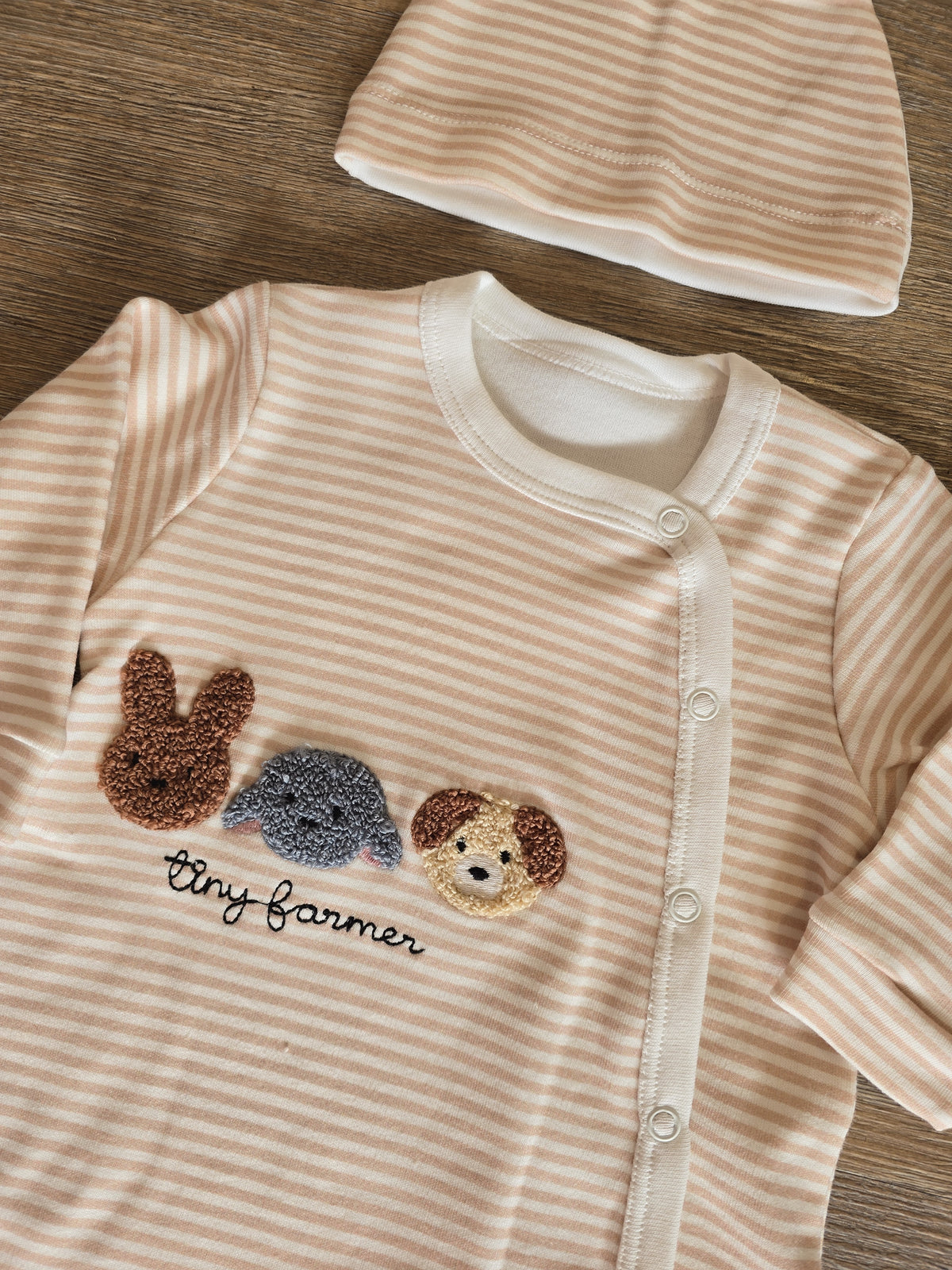 Pyjama bébé rayé beige avec bonnet, vue 3