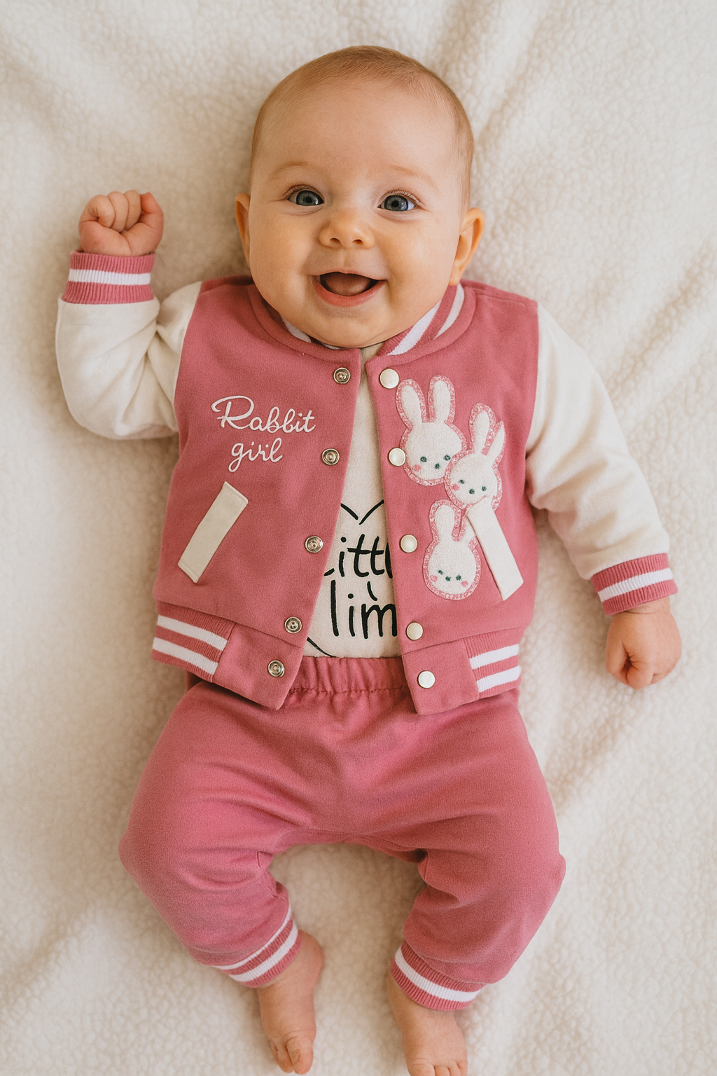 Ensemble bébé fille lapin 3 pièces rose 100% coton taille de 0-6 mois ref 1340 ALL FOR KIDS