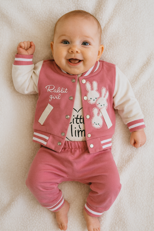 Ensemble bébé fille lapin 3 pièces rose 100% coton taille de 0-6 mois ref 1340 ALL FOR KIDS