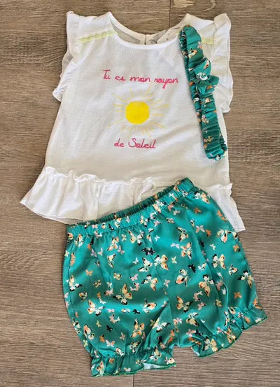 Ensemble été fille dernière taille 3 ans Tee-shirt, short fleuri volanté avec bandeau ref 9876 ALL FOR KIDS