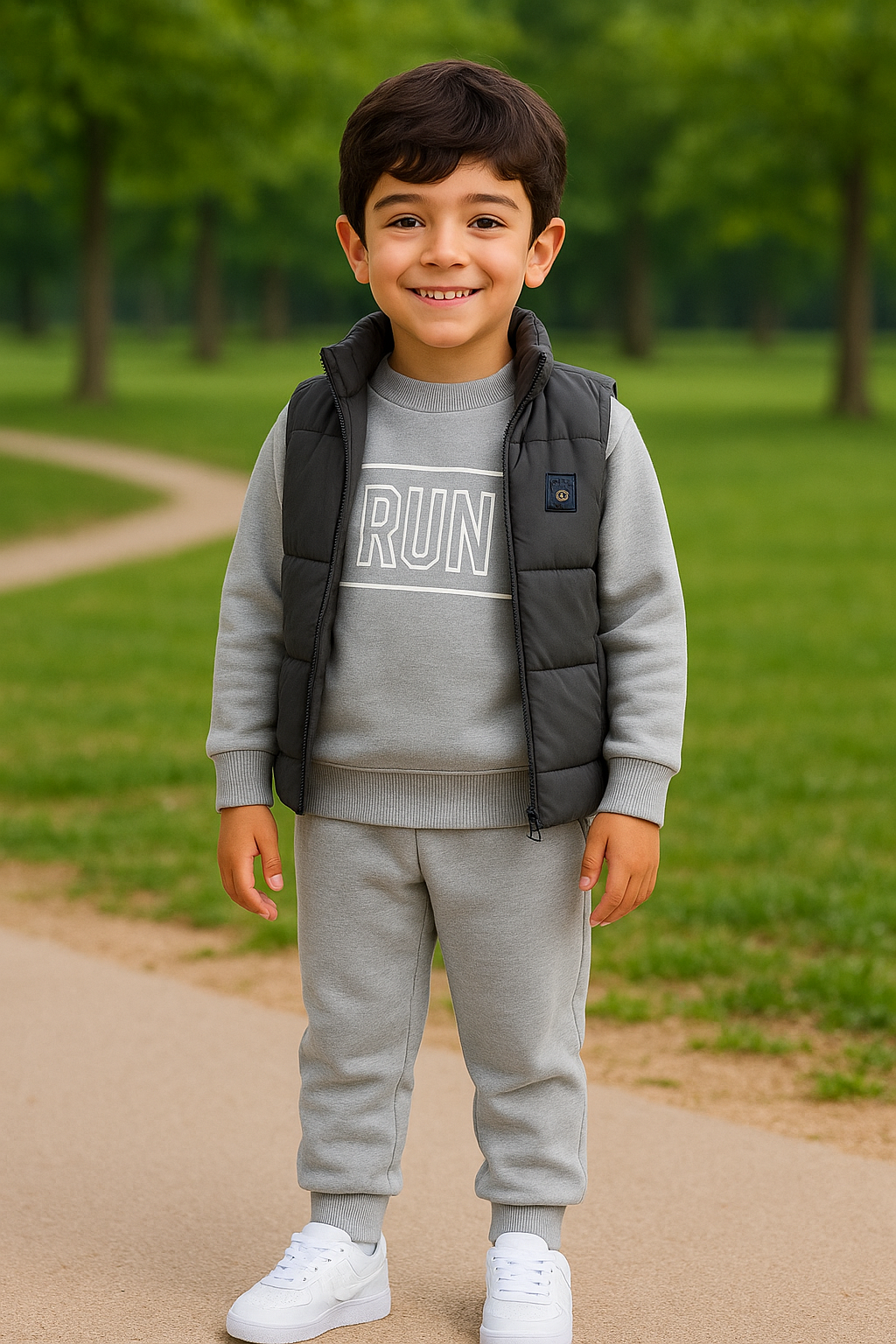 Ensemble trois pièces garçon gris ou vert avec doudoune sans manche taille de 3 à 6 an ref 1366 ALL FOR KIDS